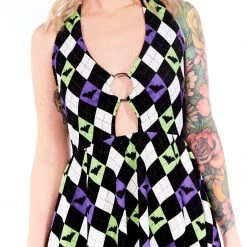 SOURPUSS BAT ARGYLE PEEKABOO HALTER DRESS