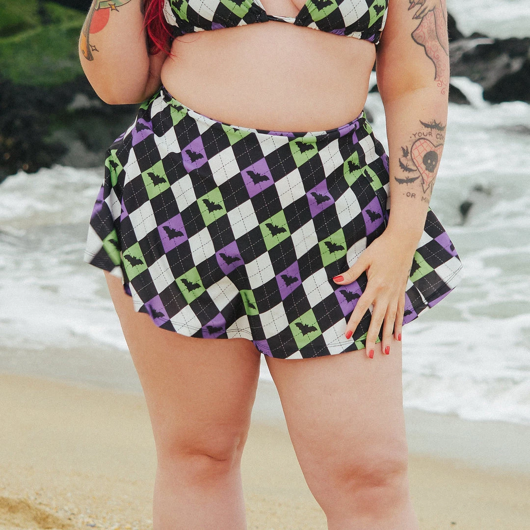SOURPUSS BAT ARGYLE SWIM SKIRT