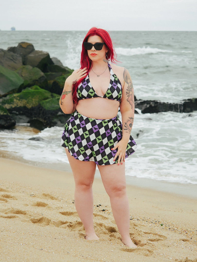 SOURPUSS BAT ARGYLE SWIM SKIRT