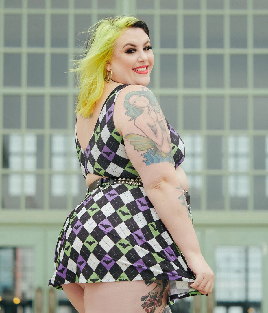 SOURPUSS BAT ARGYLE SWIM SKIRT