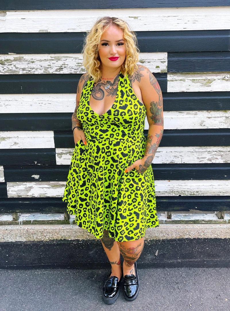 SOURPUSS BATTY LEOPARD HALTER DRESS What's New