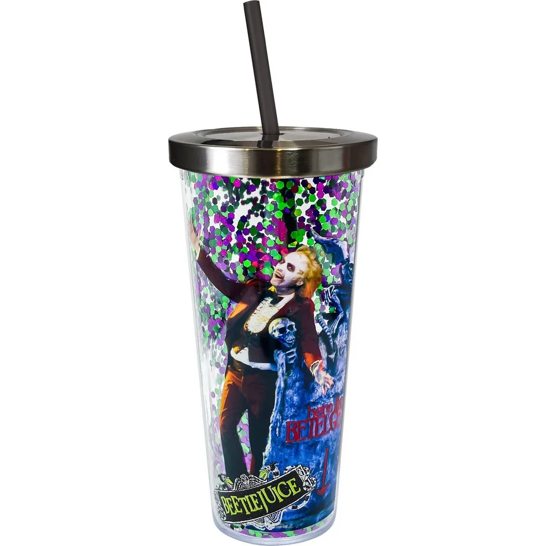 None BEETLEJUICE GLITTER ACRYLIC CUP WITH STRAW