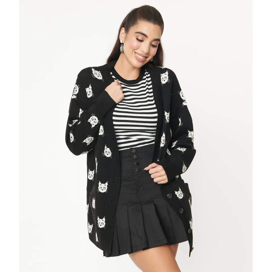 Shop Sour+Plus UNIQUE VINTAGE BLACK & CAT PRINT ASPEN CARDIGAN