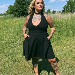 What's New SOURPUSS BLACK HALTER SKATER DRESS