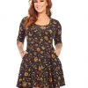 SOURPUSS CLASSIC HALLOWEEN 3/4 SLEEVE SKATER DRESS BLACK