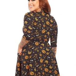 SOURPUSS CLASSIC HALLOWEEN 3/4 SLEEVE SKATER DRESS BLACK