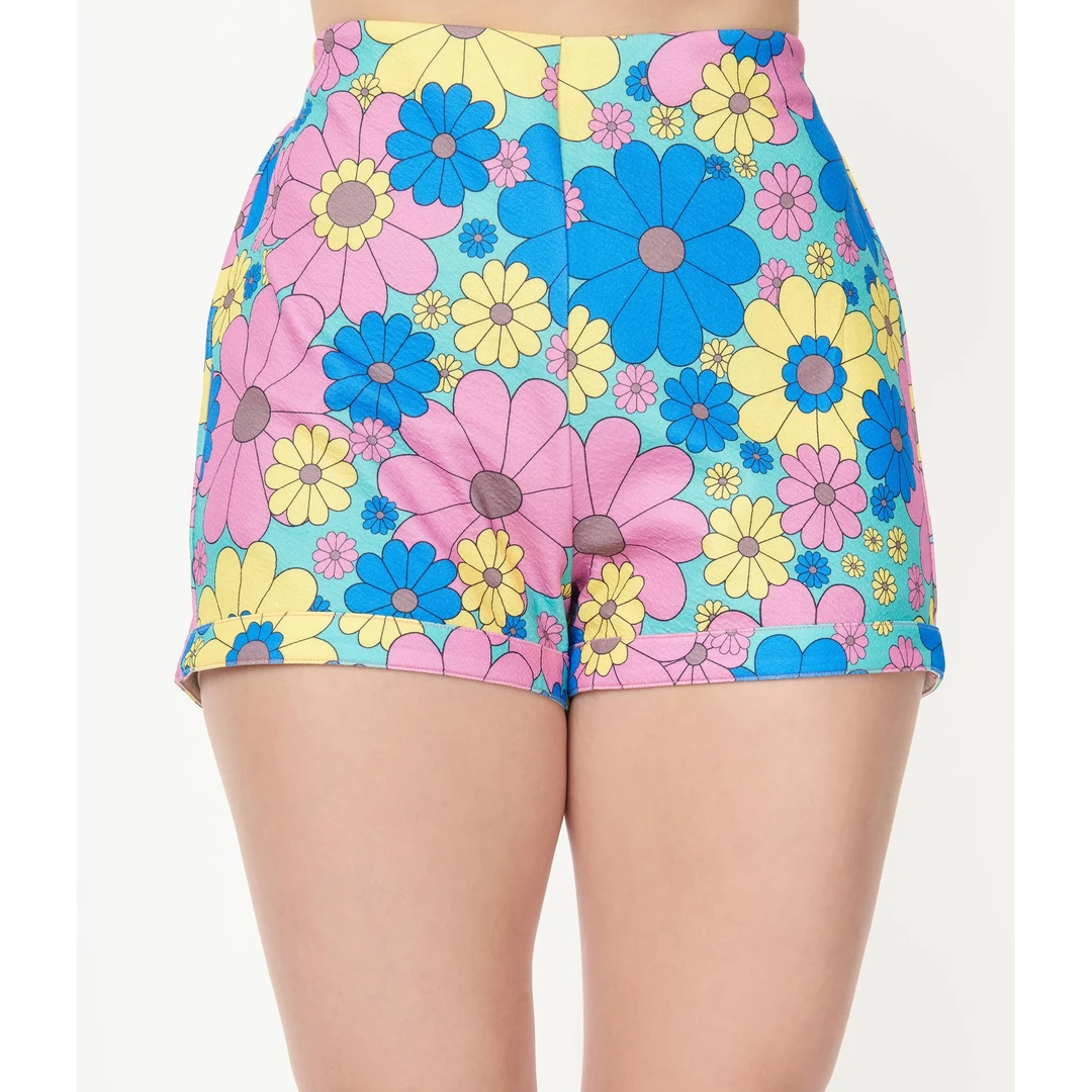 SMAK PARLOUR BLUE & YELLOW FLORAL PRINT CALLIE SHORTS
