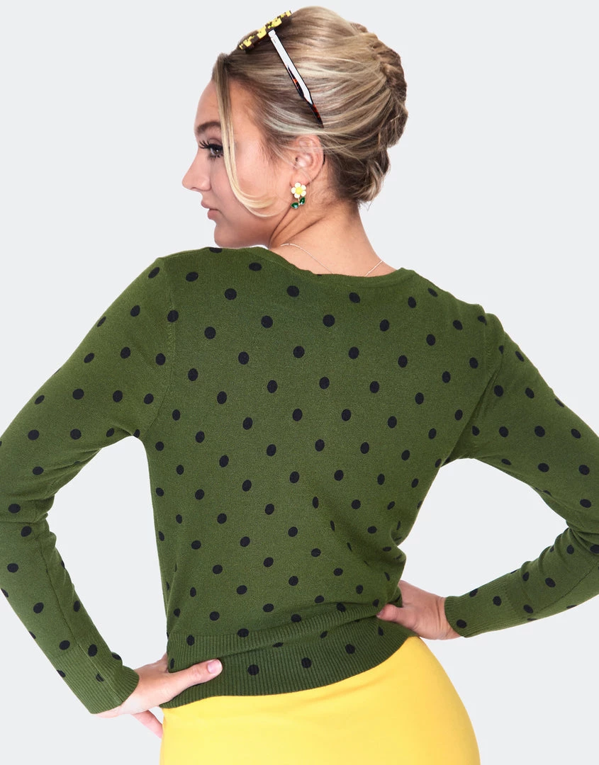 VOODOO VIXEN CLARA POLKA DOT CARDIGAN OLIVE