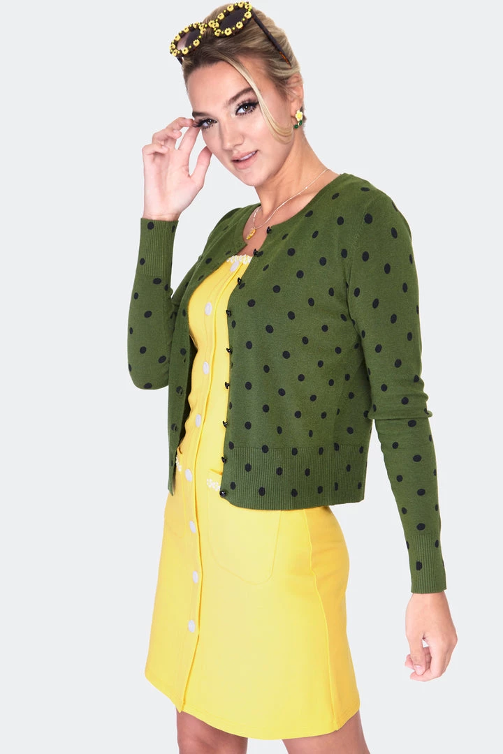 VOODOO VIXEN CLARA POLKA DOT CARDIGAN OLIVE