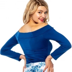 Bettie Page Clothing BETTIE PAGE DEBBY LONG SLEEVE TOP BLUE