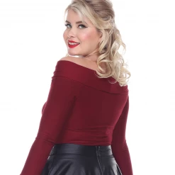 Bettie Page Clothing BETTIE PAGE DEBBY LONG SLEEVE TOP MERLOT Shop Sour+Plus