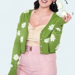 VOODOO VIXEN FLORA DAISY CROPPED CARDIGAN GREEN Apparel