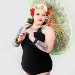 Ghouls Just Wanna Have Sun SOURPUSS SOLID BLACK RUCHED ONE PIECE SWIMSUIT