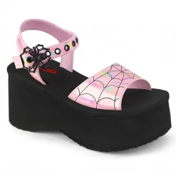 DEMONIA SPIDER BUCKLE PLATFORM ANKLE STRAP SANDALS PINK HOLO