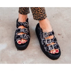 T.U.K. GREY LEOPARD 3-BUCKLE MONDO SANDALS