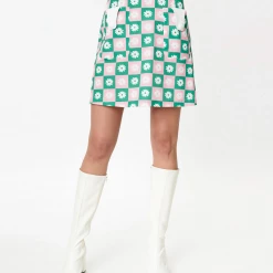 SMAK PARLOUR GREEN & PINK CHECKERBOARD DAISY PRINT MINI SKIRT