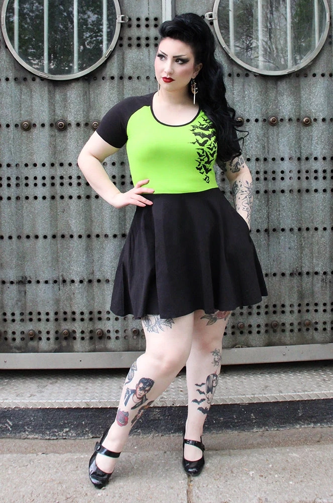 SOURPUSS NOKTURNAL BATS RAGLAN SKATER DRESS GREEN Neon Dreams