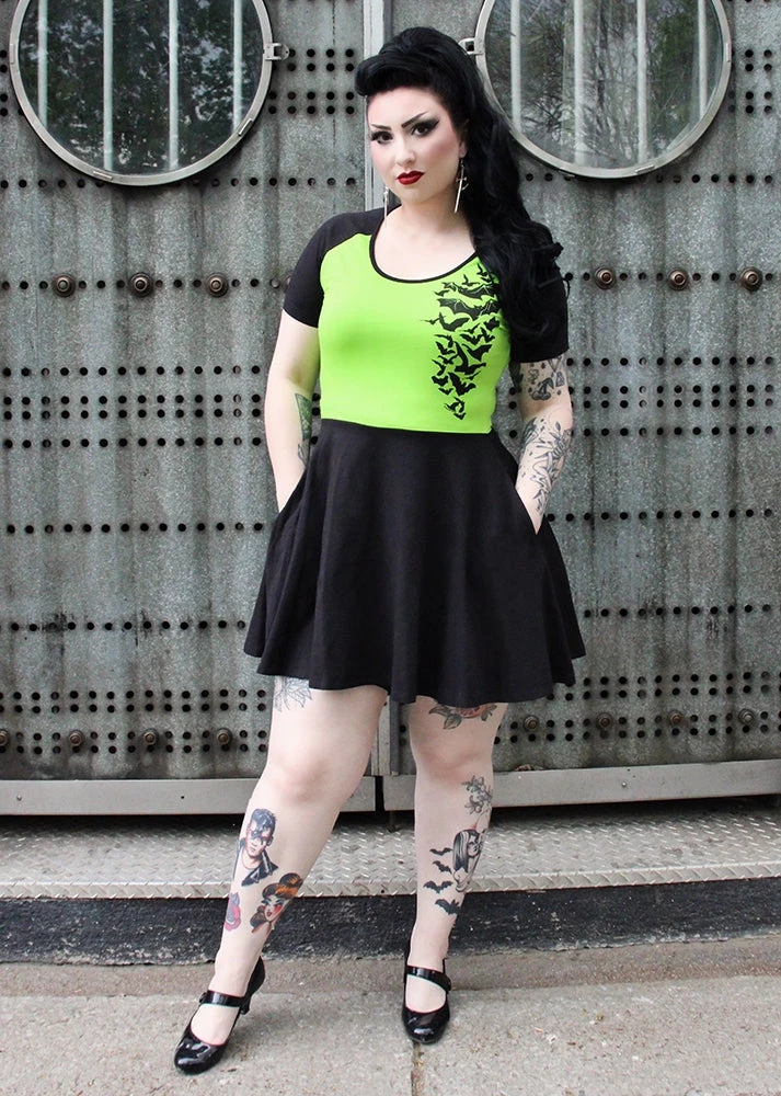 SOURPUSS NOKTURNAL BATS RAGLAN SKATER DRESS GREEN Neon Dreams