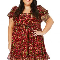SOURPUSS LEOPARD CREAM PUFF DRESS HOT PINK
