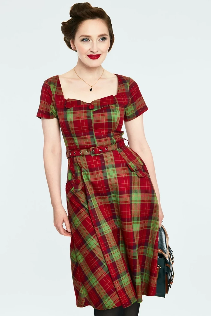 VOODOO VIXEN MARINE PLAID BELTED SWING DRESS