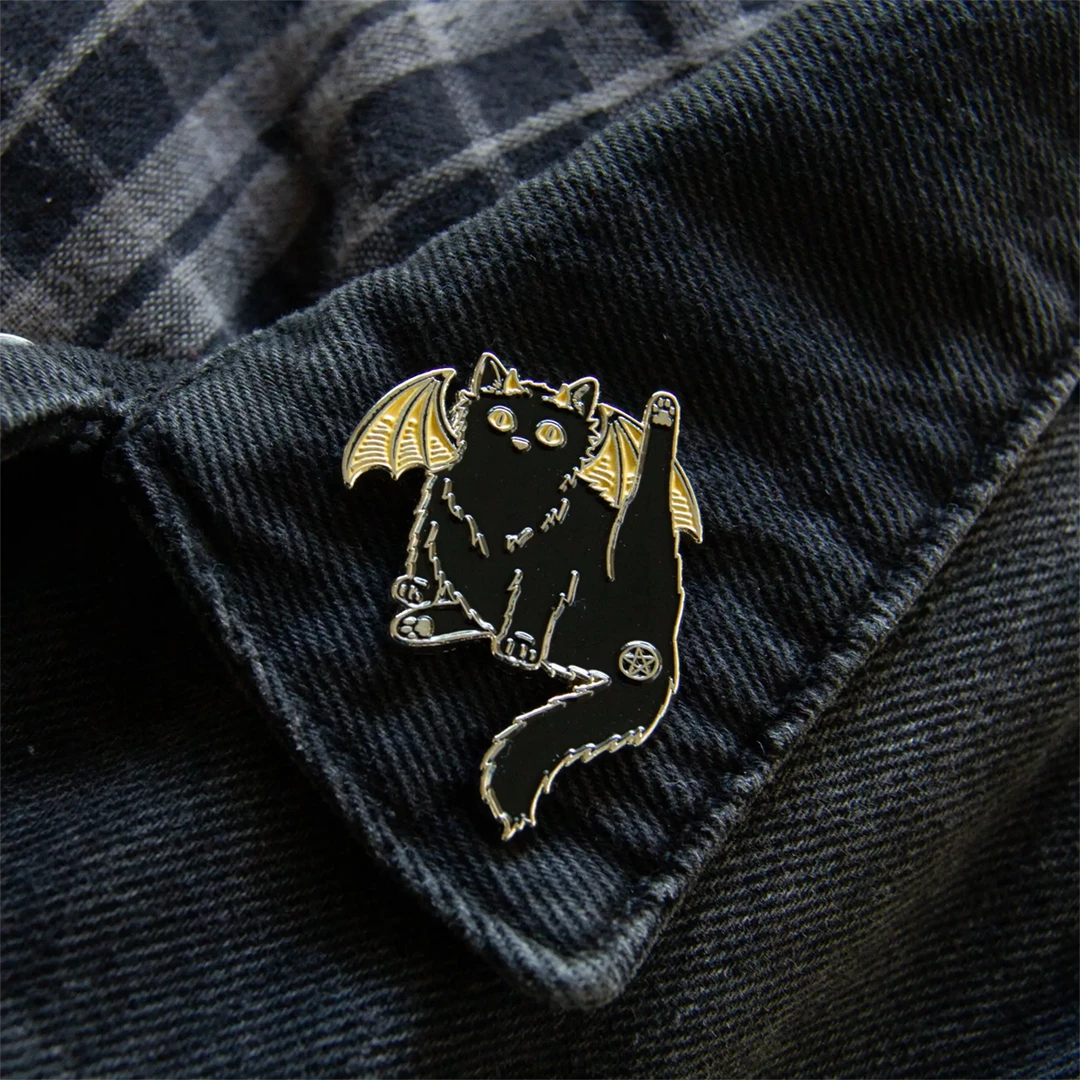 ECTOGASM BLACK CAT PENTACLE BUTT ENAMEL PIN Back In Stock