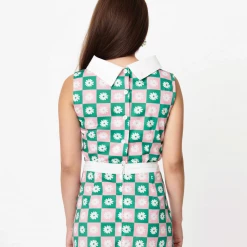 SMAK PARLOUR GREEN & PINK CHECKERBOARD DAISY PRINT MOD TOP Shop Sour+Plus