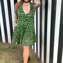 SOURPUSS PSYCHO ZEBRA HALTER DRESS