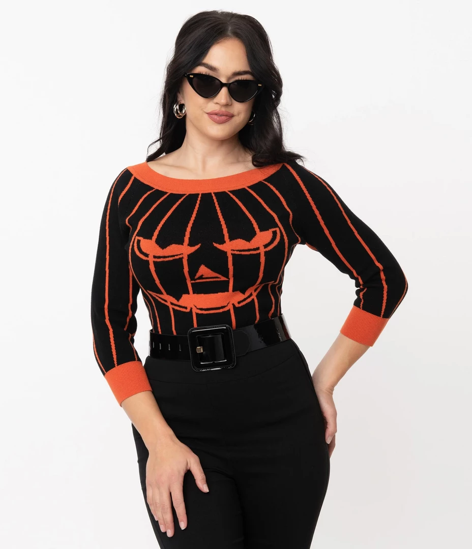 Shop Sour+Plus UNIQUE VINTAGE BLACK & ORANGE STRIPE PUMPKIN ANNALEIGH SWEATER