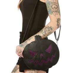 Shop Sourpuss SOURPUSS SPARKLE PUMPKIN PURSE BLACK/PURPLE