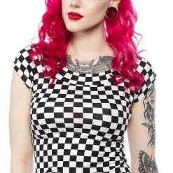 RETROLICIOUS CHECKERED BOAT NECK TOP BLACK/WHITE Back In Stock