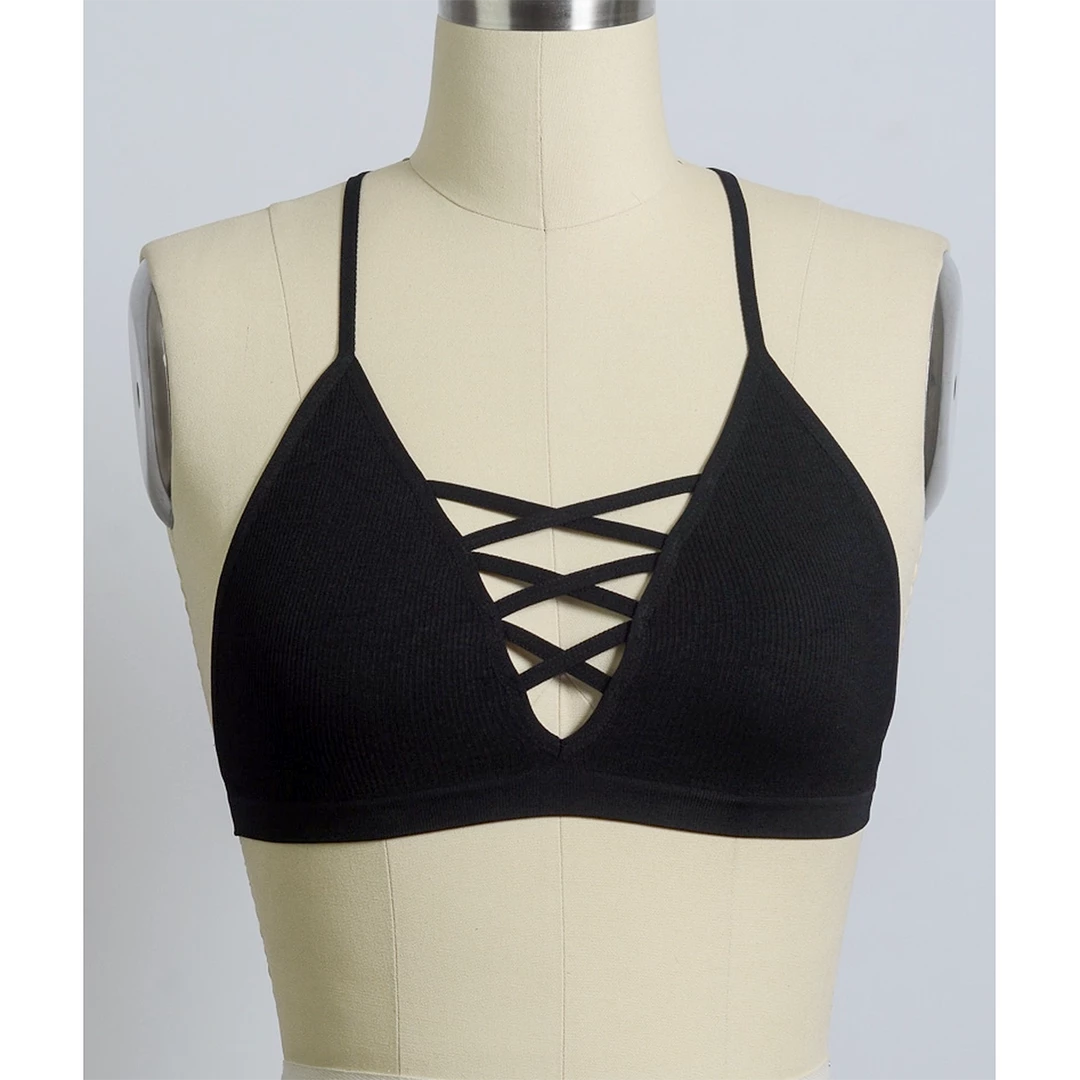 None THALIA LACE UP FRONT BRALETTE BLACK Apparel
