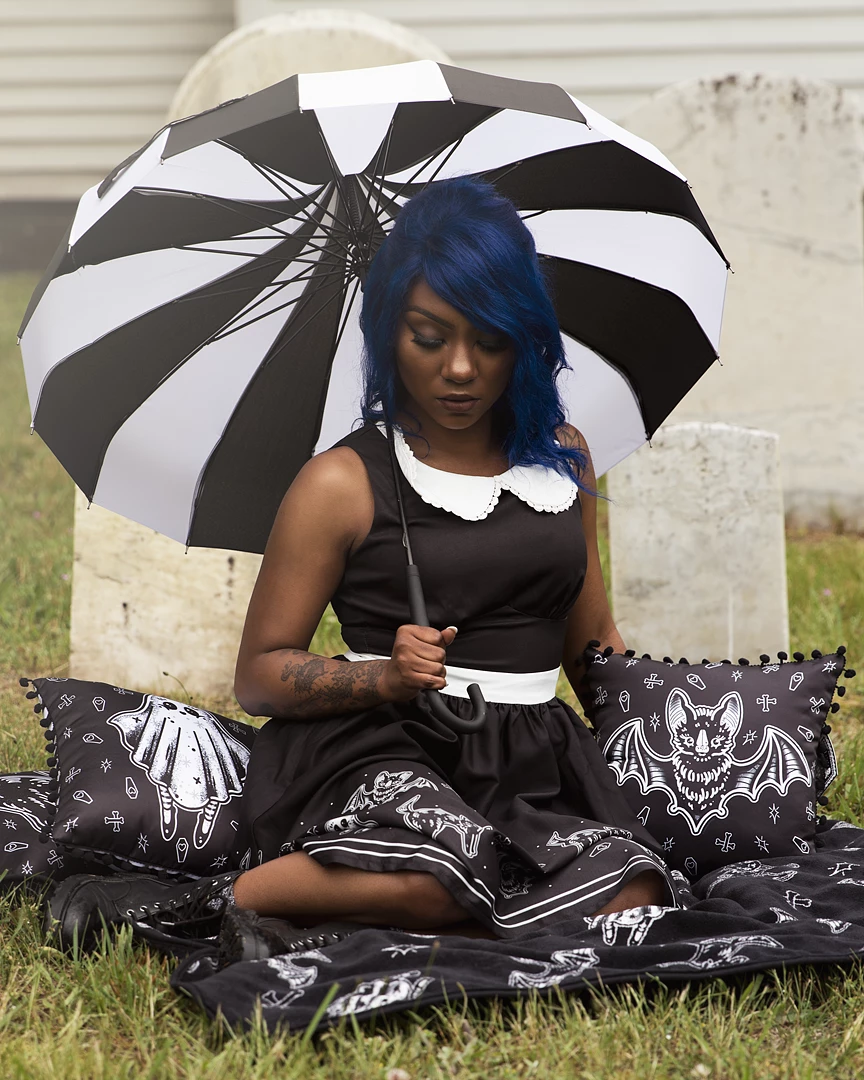 Ghouls Just Wanna Have Sun SOURPUSS PAGODA UMBRELLA BLACK/WHITE