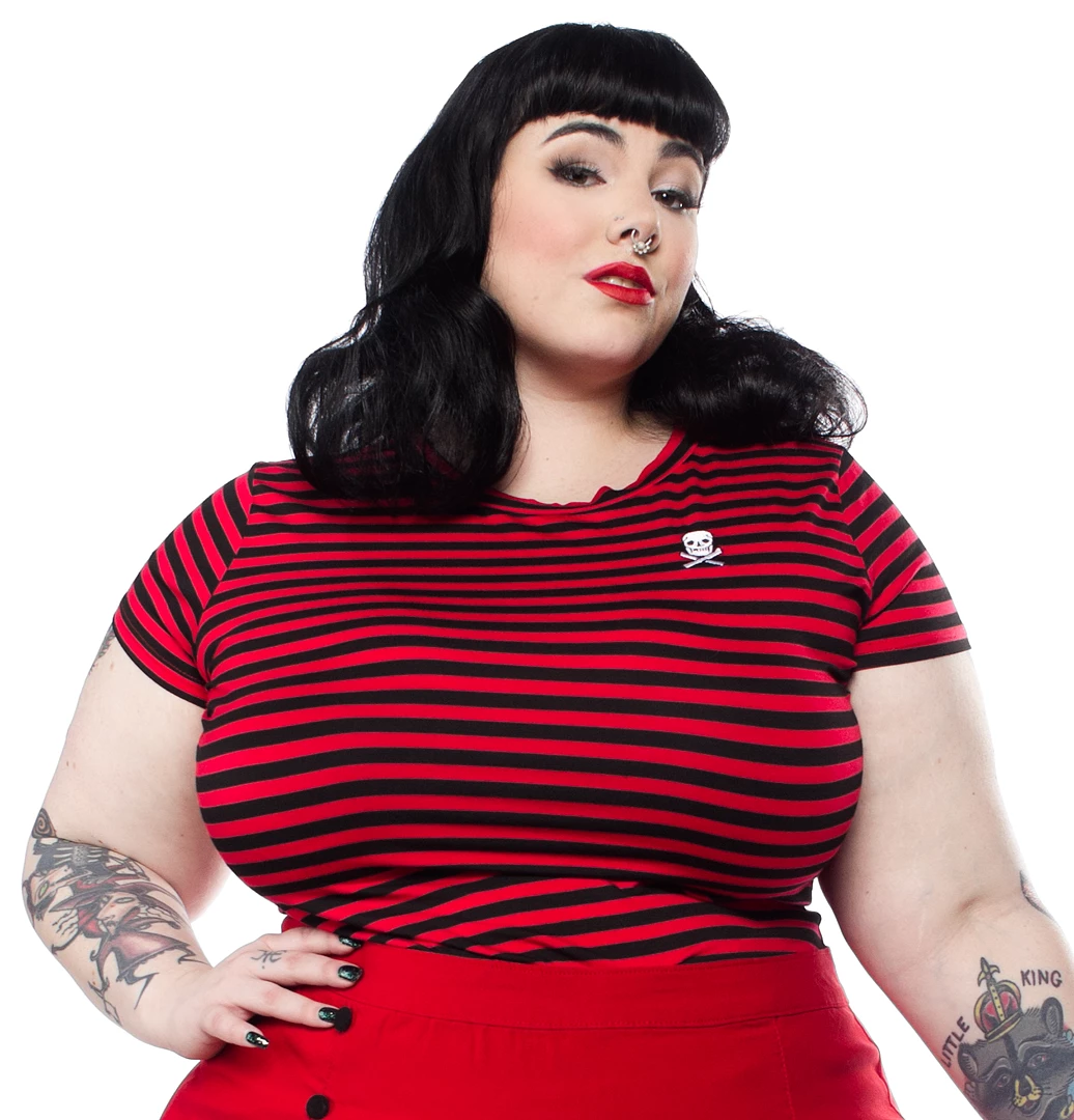Shop Sour+Plus SOURPUSS STRIPED JOLLY ROGER CREW NECK TOP RED/BLK