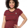 Shop Sour+Plus SOURPUSS STRIPED JOLLY ROGER CREW NECK TOP RED/BLK