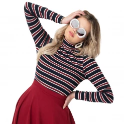 SMAK PARLOUR NAVY & BURGUNDY STRIPE MOCK TURTLENECK TOP