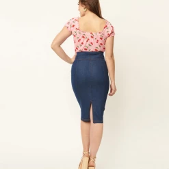 UNIQUE VINTAGE BLUE DENIM SUMMER LOVIN PENCIL SKIRT