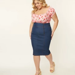 UNIQUE VINTAGE BLUE DENIM SUMMER LOVIN PENCIL SKIRT