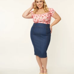 UNIQUE VINTAGE BLUE DENIM SUMMER LOVIN PENCIL SKIRT